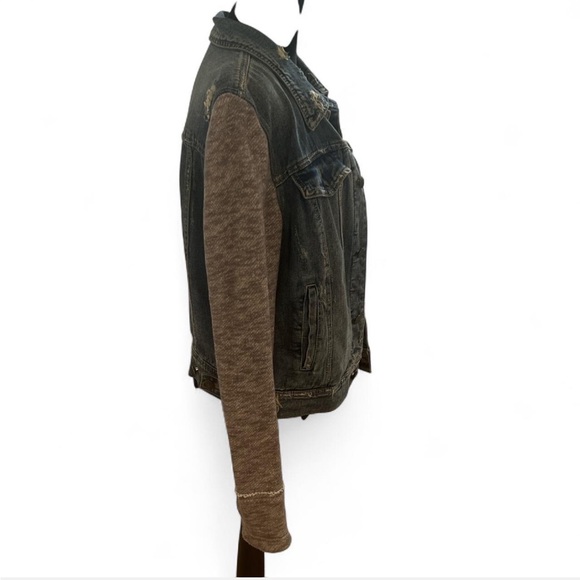 Free People Distressed Denim Jacket with Jersey Sleeves - Picture 3 of 7